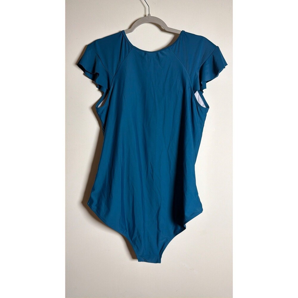 Women’s Plus Size 22W Teal One Piece Swimsuit Front Zip Flutter Sleeve Ruched - Picture 3 of 12